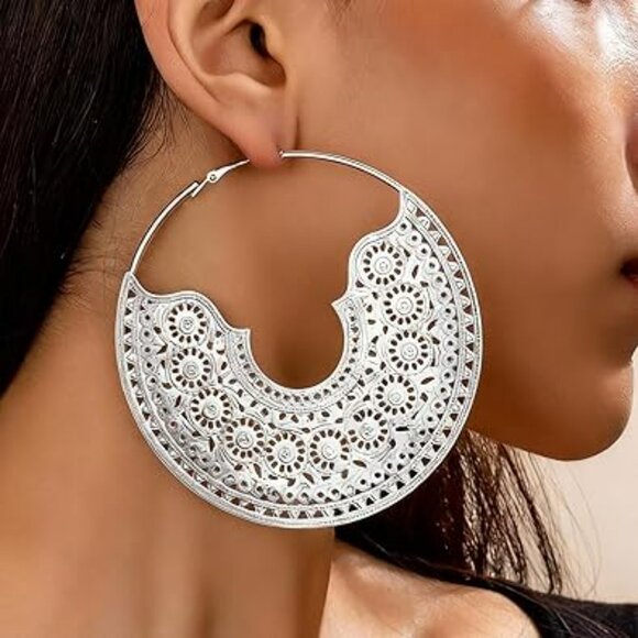 Bohemian Hoop Earrings Bold and stylish geometric circle Cuban Chunky SILVER - Picture 2 of 4